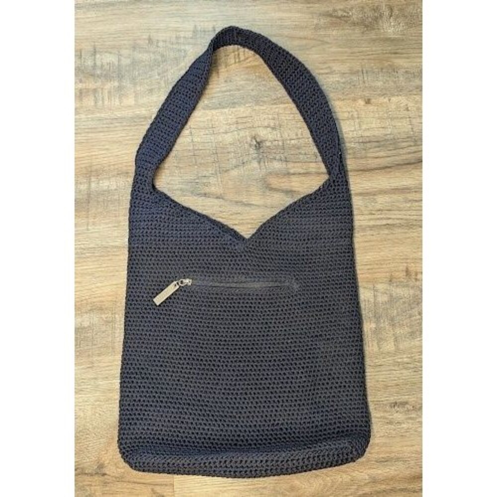 The Sak Navy Blue Crochet Hobo Shoulder Bag Handmade Knit Zip Pocket Boho Tote